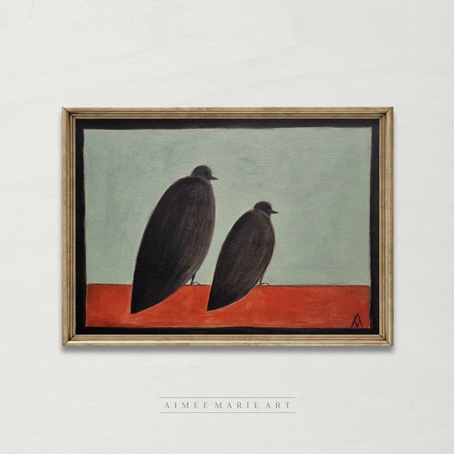 Original Art - Two Birds Painting - Naive Illustration - Nursery Decor Unframed