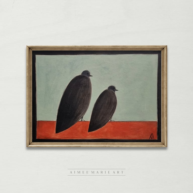 Original Art - Two Birds Painting - Naive Illustration - Nursery Decor Unframed