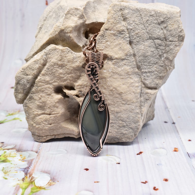 Wrapped and Woven Banded Agate Unisex Pendant