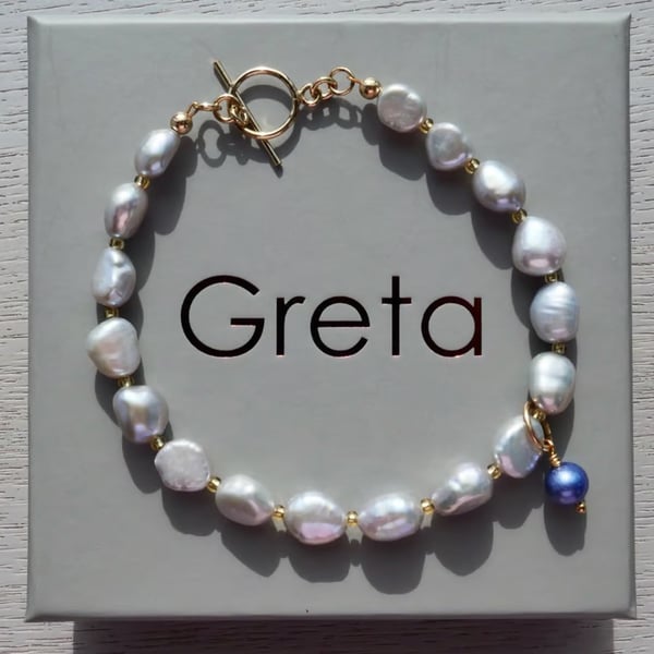 Pale Grey Pearl Nugget Bracelet - 14k Gold Filled Toggle Clasp