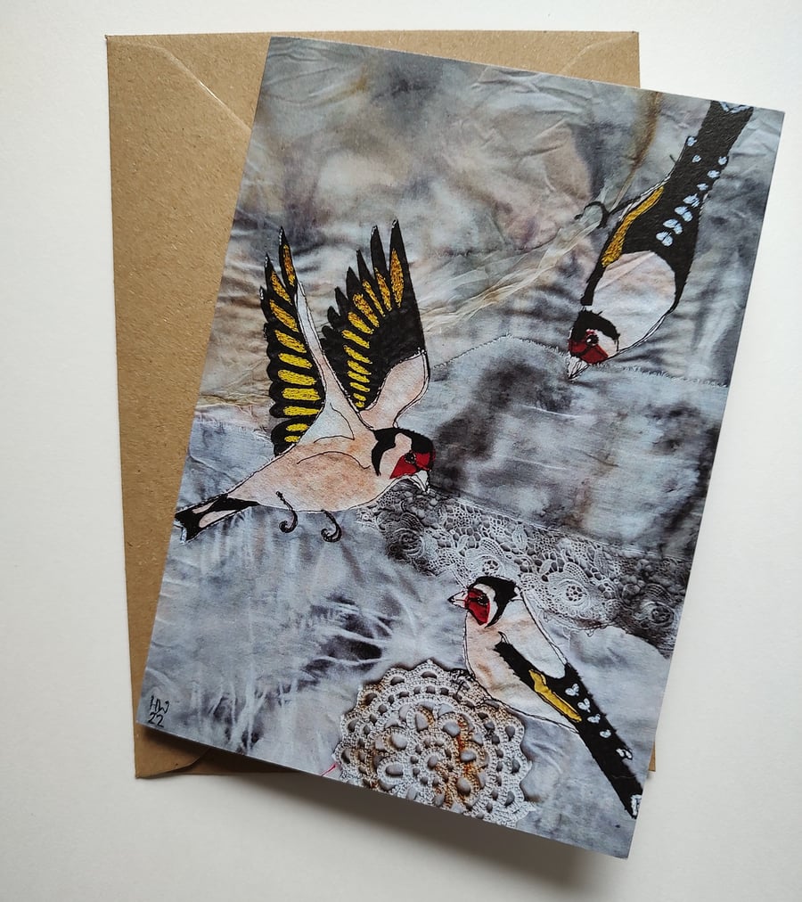 Goldfinches Embroidered Portrait Greetings Card