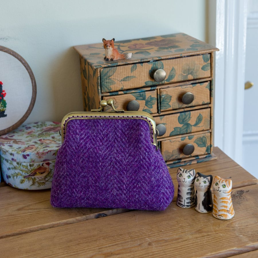 Larger coin purse in purple Harris Tweed with a garden themed Liberty lining