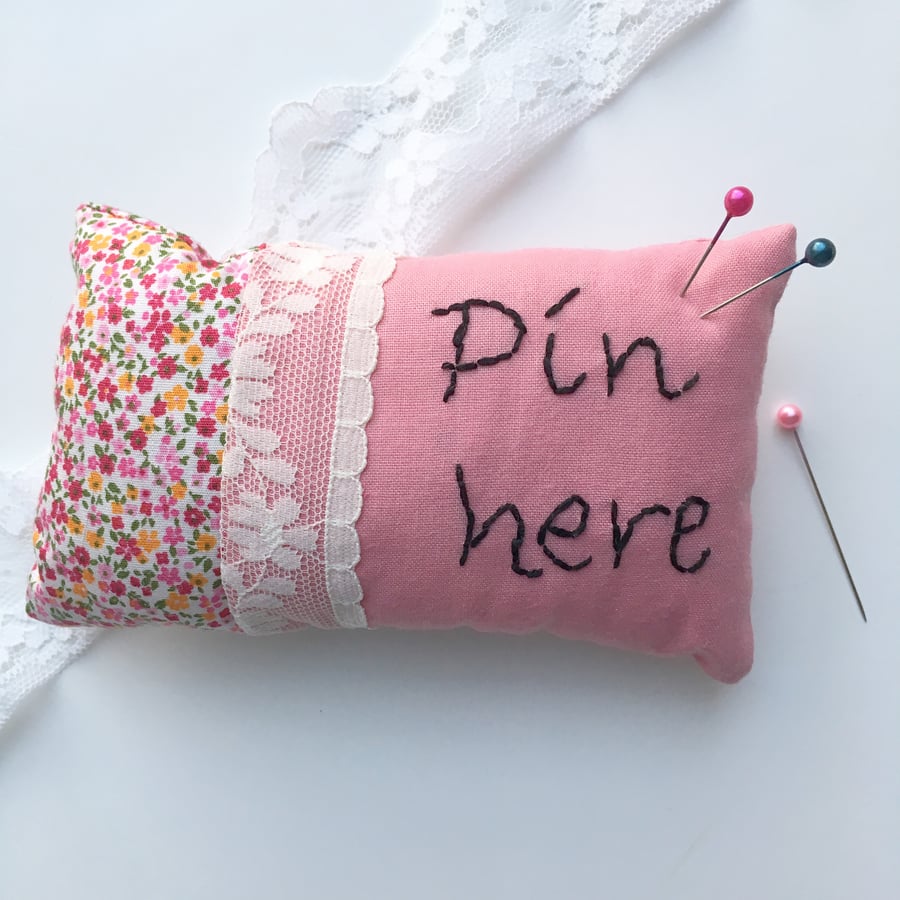 Pink cotton pincushion, pincushion with stitched letters, Pin here pincushion