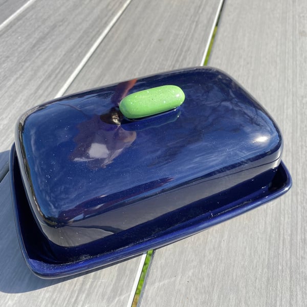 Handmade Butter Dish Dark Blue with Green Handle