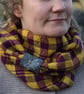 Hand woven unisex check cowl in yellow and purple with an embroidered dragonfly - Image 2
