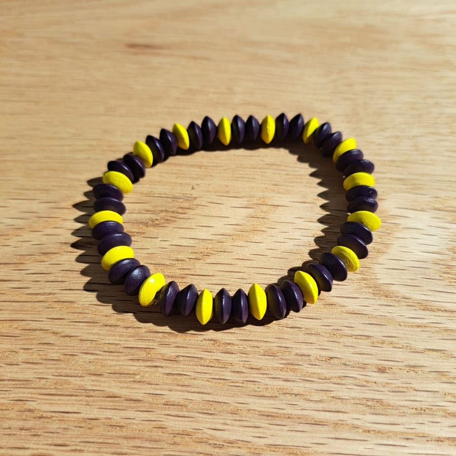 Purple and Yellow Wooden Rondelle Bead Elastic Bracelet