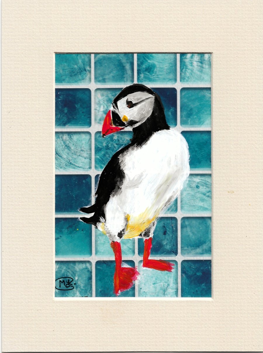 Puffin bird. Original mounted acrylic painting on tile look background 
