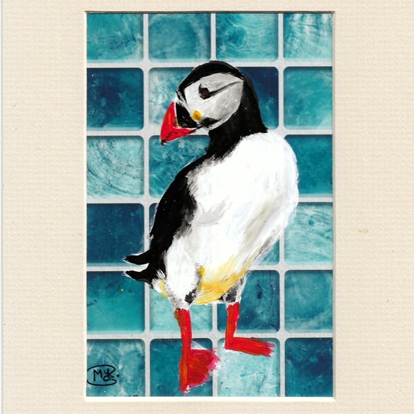 Puffin bird. Original mounted acrylic painting on tile look background 