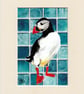 Puffin bird. Original mounted acrylic painting on tile look background  - Image 1