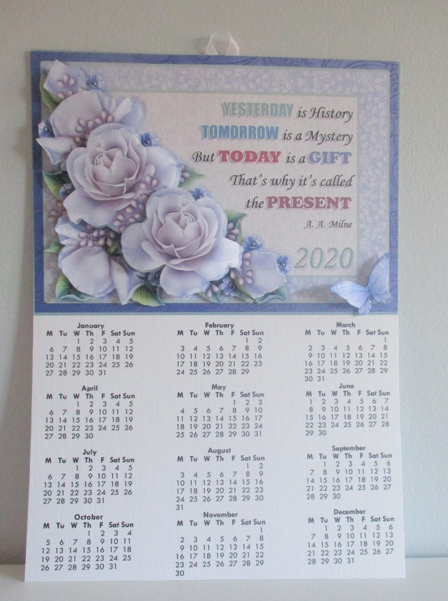 Handmade  2020 Wall Calendar, Roses,Decoupage,3D