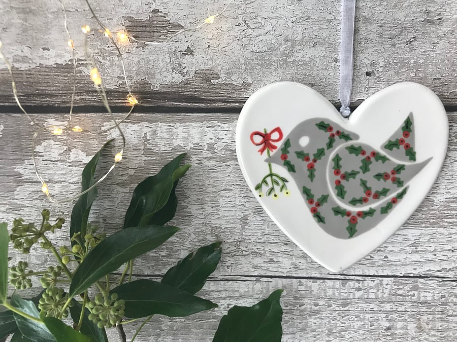Holly Bird with Mistletoe - Hand Painted Ceramic Heart