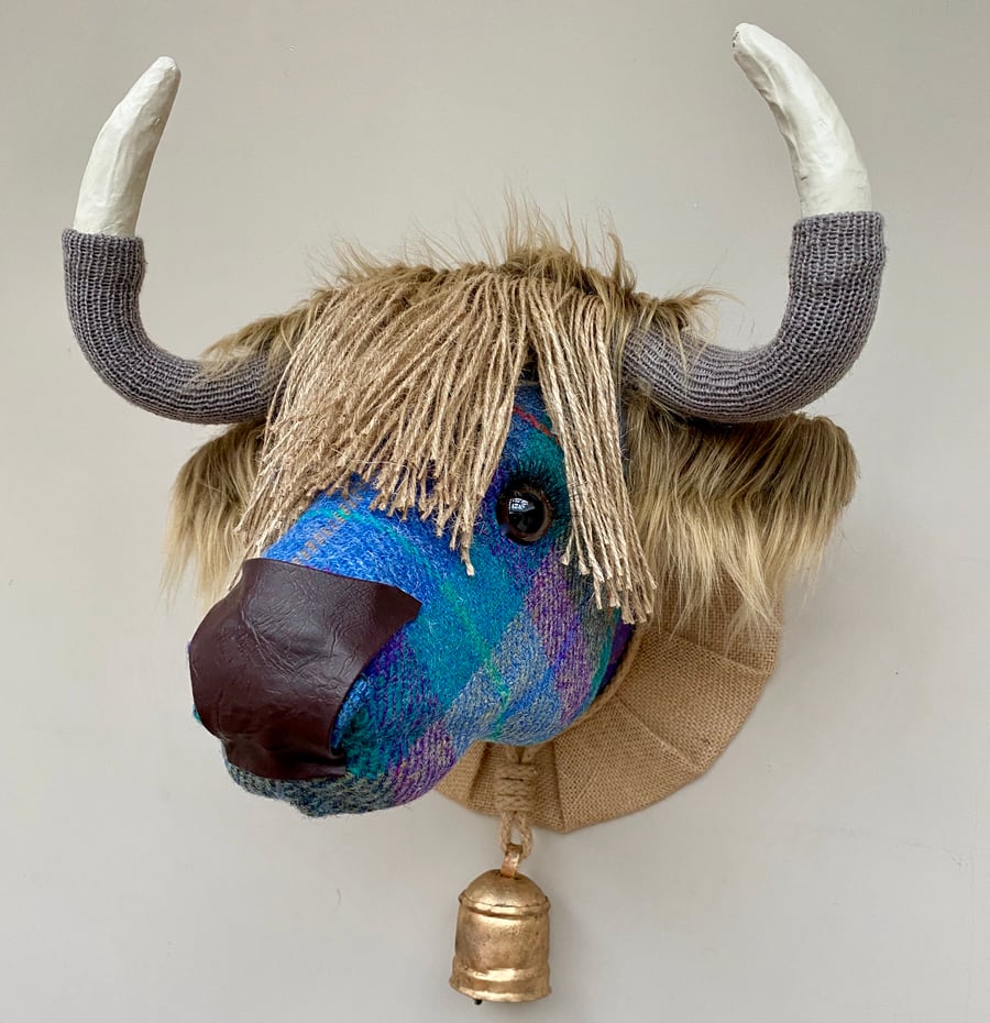 Faux taxidermy Harris Tweed blue green check Highland Cow Coo head wall mount