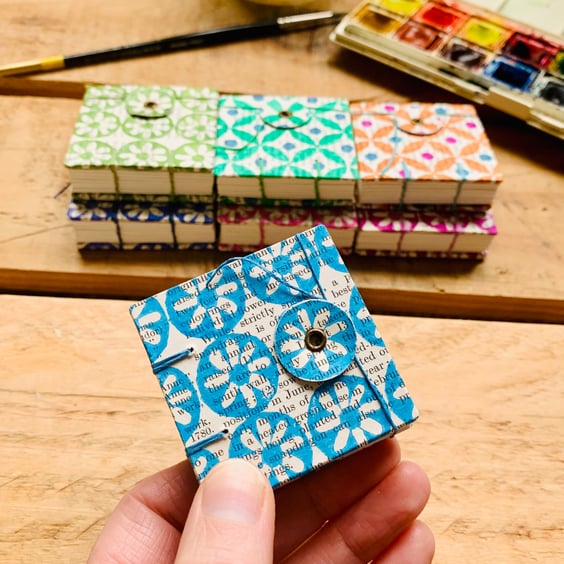 Tiny Watercolour Sketchbook with Hand-printed Floral Cover. Cerulean Blue.