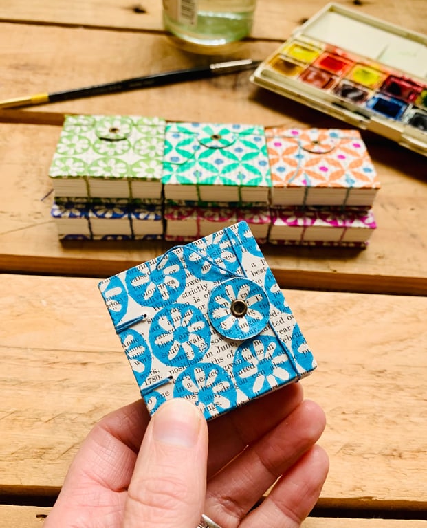 Tiny Watercolour Sketchbook with Hand-printed Floral Cover. Cerulean Blue.