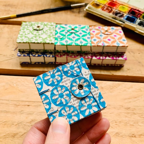 Tiny Watercolour Sketchbook with Hand-printed Floral Cover. Cerulean Blue.