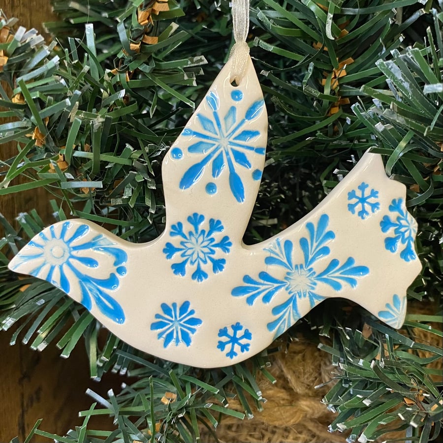 Snowy white dove (blue) ceramic Christmas decoration