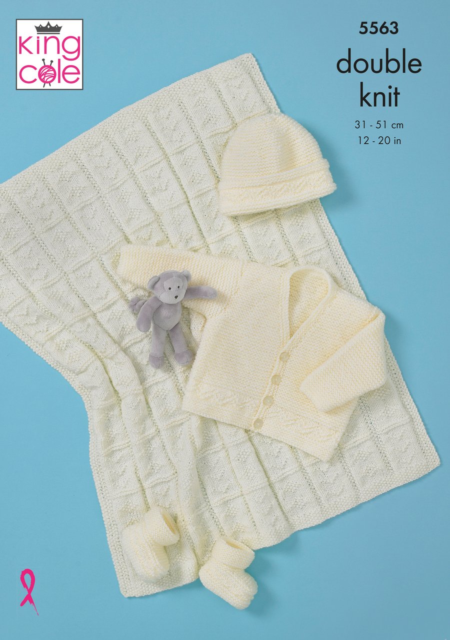 Knitting Pattern - King Cole DK Pattern 5563 - Babies Cardigan, Hat & Blanket  