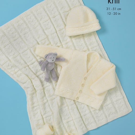 Knitting Pattern - King Cole DK Pattern 5563 - Babies Cardigan, Hat & Blanket  