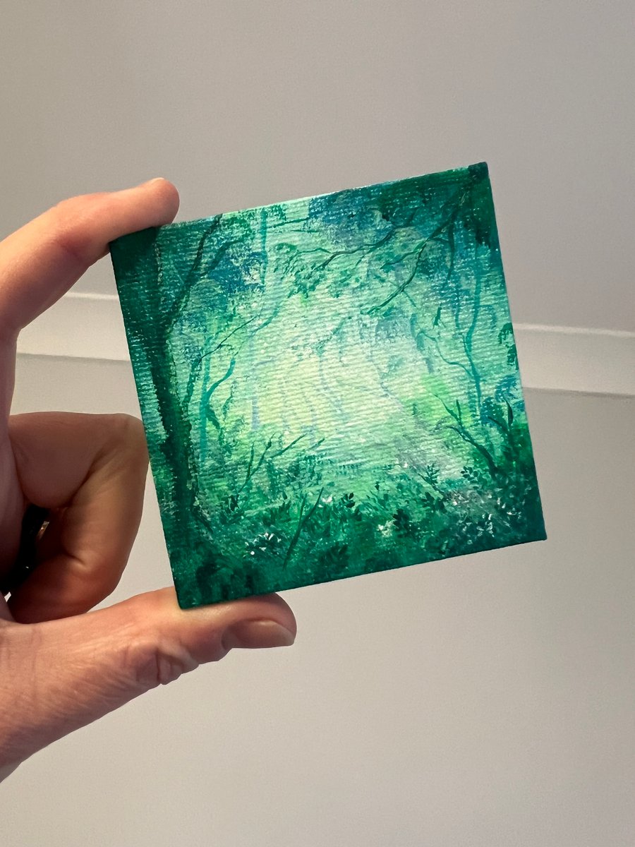 Mini Acrylic painting on canvas, The Magic Forest, woodland painting, with easel