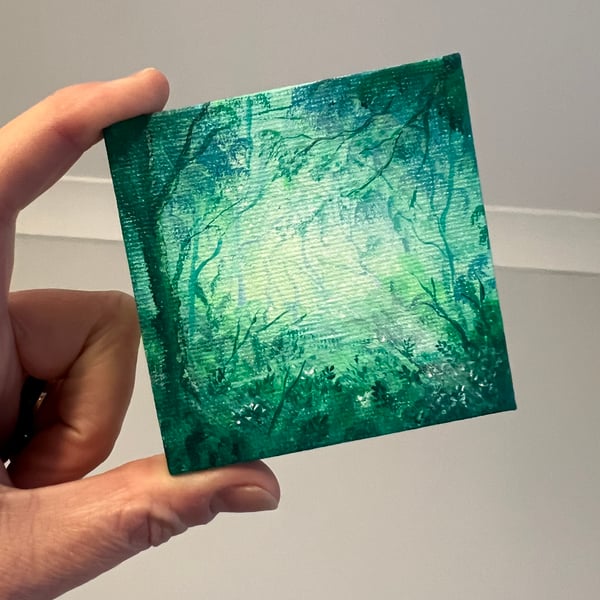 Mini Acrylic painting on canvas, The Magic Forest, woodland painting, with easel