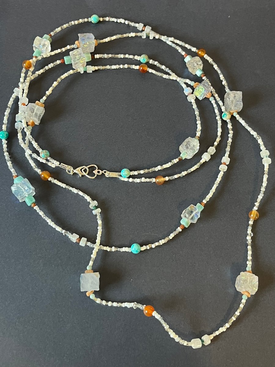 Gemstone mix long necklace with mystic quartz cubes