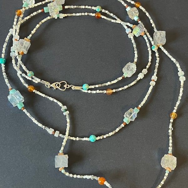 Gemstone mix long necklace with mystic quartz cubes