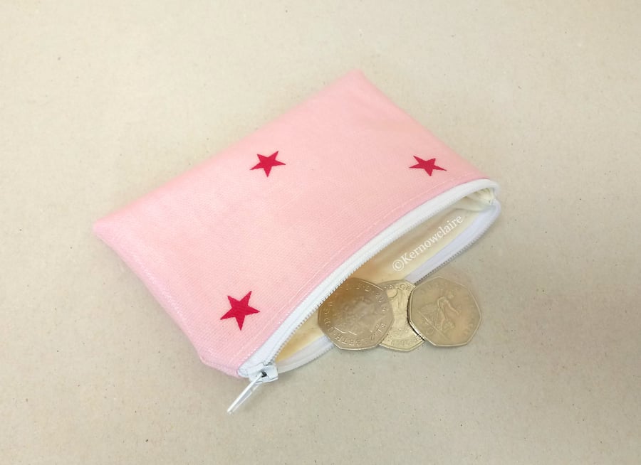 Coin purse in pink oilcloth with red stars, lined coin pouch, handmade
