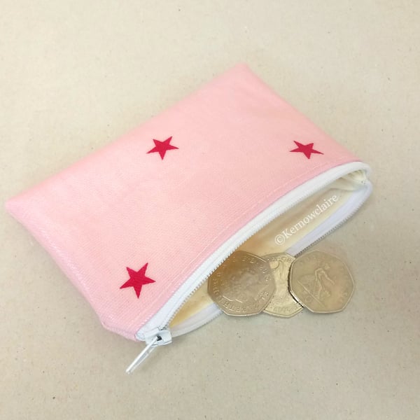 Coin purse in pink oilcloth with red stars, lined, handmade