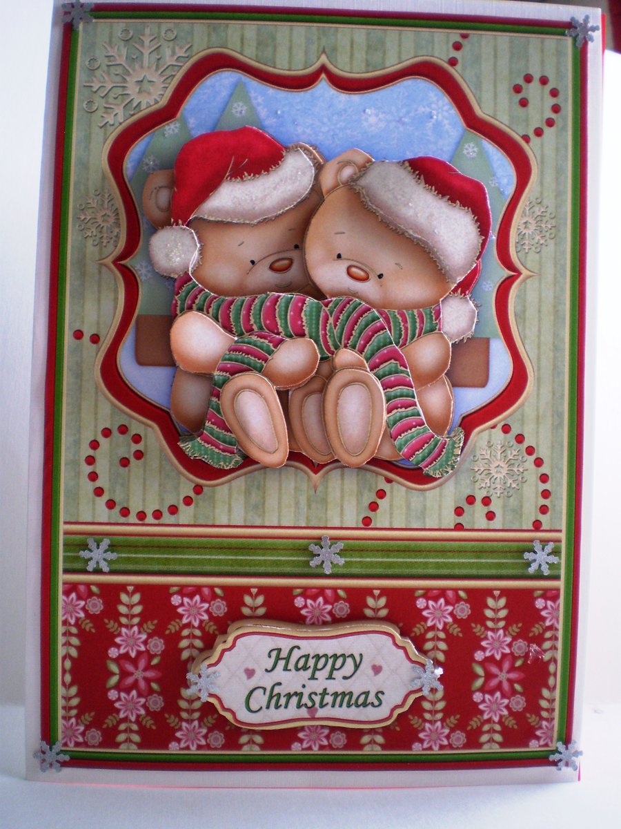 Decoupage Cute Teddies Christmas Card,Handmade,3D