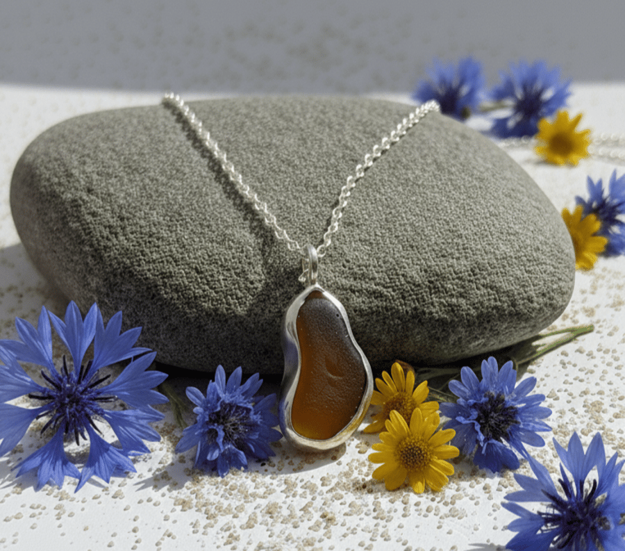 Amber brown Seaglass & Sterling Silver Pendant 