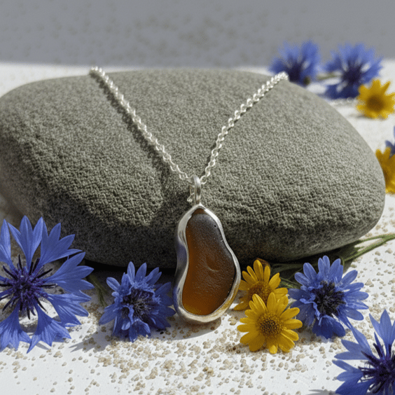 Amber brown Seaglass & Sterling Silver Pendant 