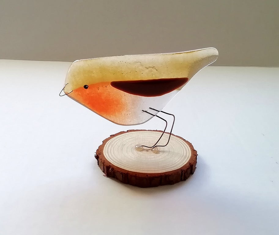 Fused Glass Robin Ornament: Log Slice Base, Handcrafted Bird Decor