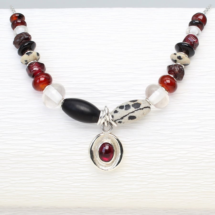 Handmade Garnet necklace, unique necklace with beads and sterling silver chain.