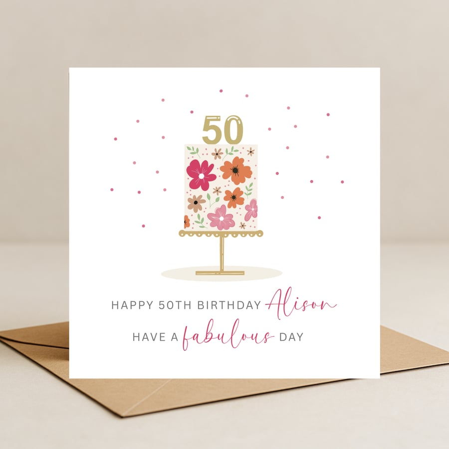 Personalised 50th birthday card - hand drawn floral cake illustration