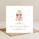 Personalised 50th birthday card - hand drawn floral cake illustration