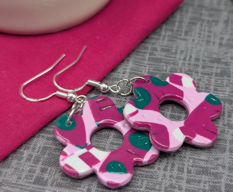 Magenta and green flower drop earrings 