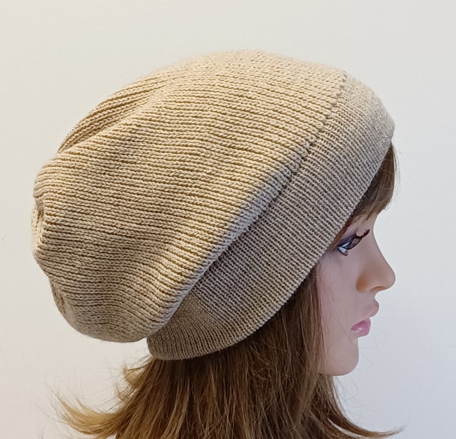 Slouch beanie, handmade beige knitted slouchy hat, alpaca blend winter hat