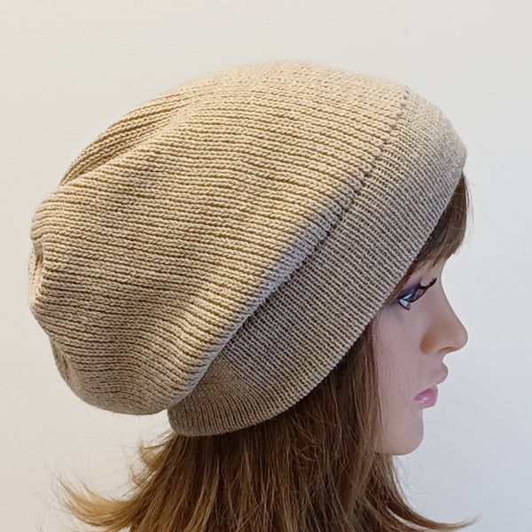 Slouch beanie, handmade beige knitted slouchy hat, alpaca blend winter hat