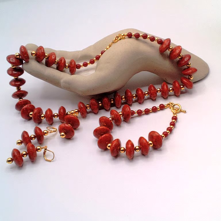 Pressed Coral Saucers & Gold Plated Spacers 3 Piece Jewellery Set, Gift for Her