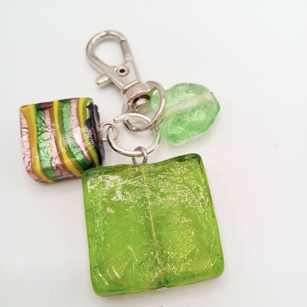 Green Square Bead Green Cat Bead and Green Lampwork Bead Bag Charm, Gift for Her