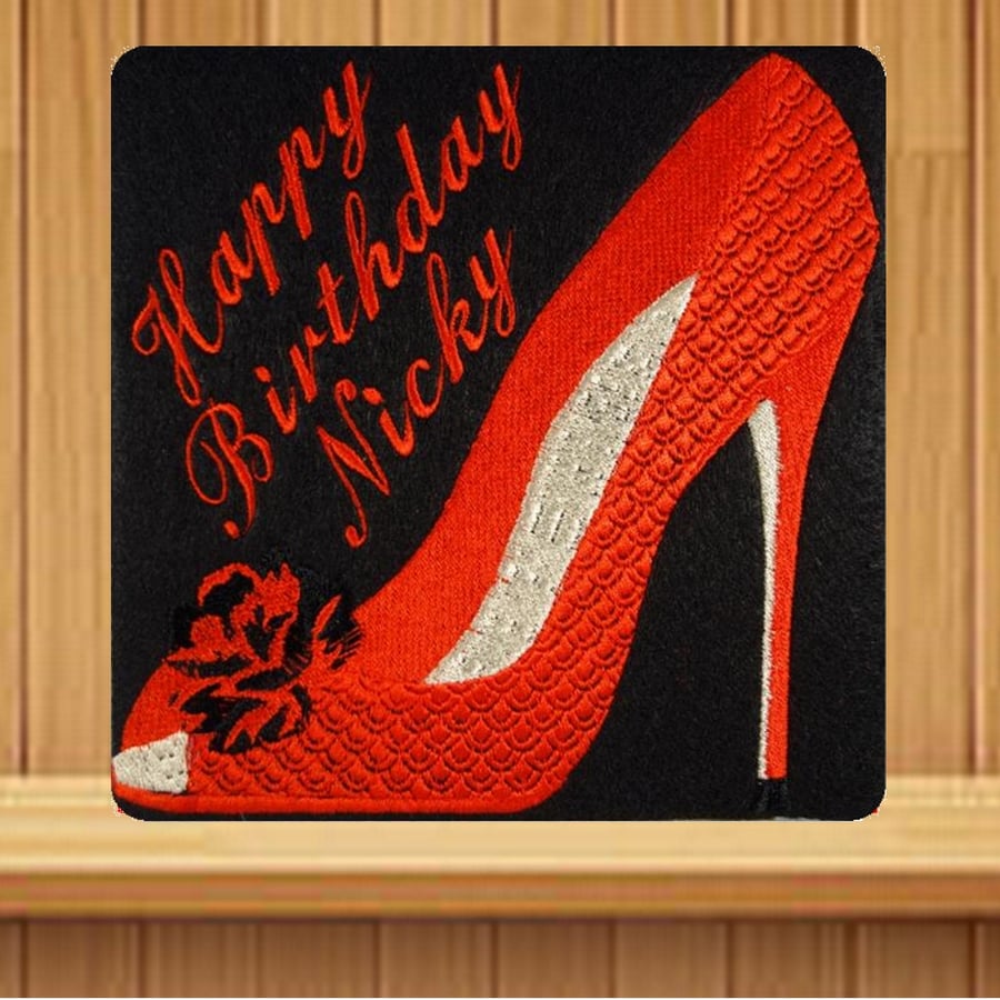 Handmade red and black high heel shoe personalised card, embroidered design