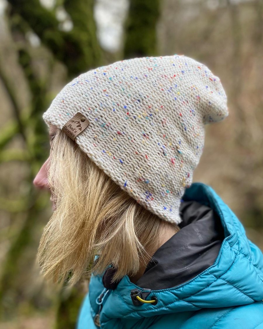 Slouchy style beanie hat in Speckled colour white wool (unisex)