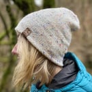 Slouchy style beanie hat in Speckled colour white wool (unisex)