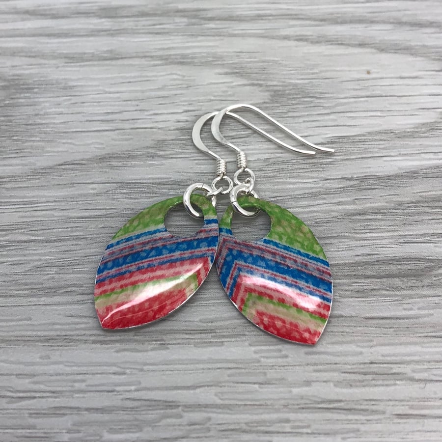 Decoupage and enamel scale earrings. Sterling silver. 