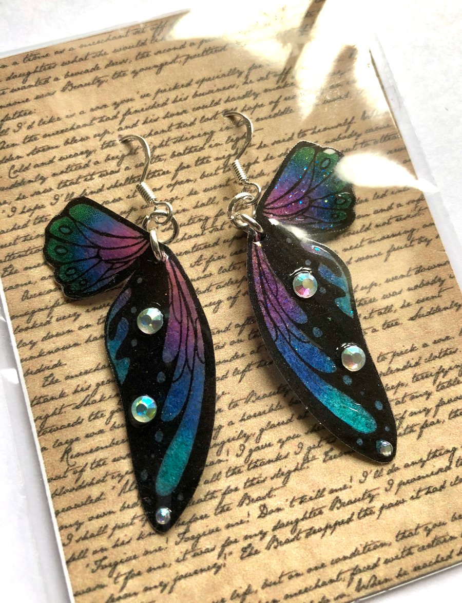 Blue Purple and Black Double Fairy Wing Sterling Silver Earrings 