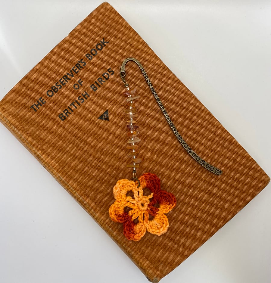 Crystal bookmark with carnelian and crochet flower 