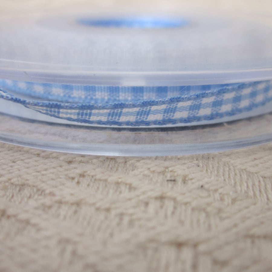 20 metres Spool Narrow Sky Blue Gingham Ribbon