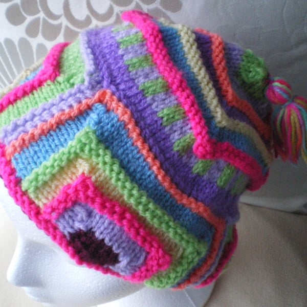 Hand Knitted Beanie Rainbow Hat for Ladies and Gents Seven Colours  and Tassel