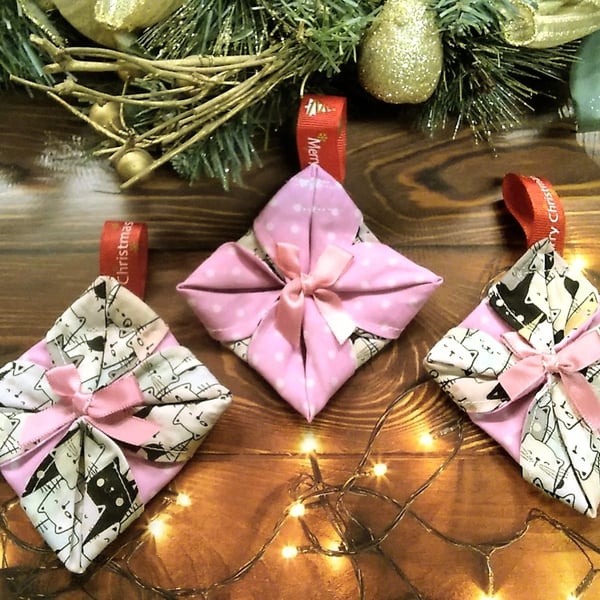 Christmas Tree Cat Folded Fabric Christmas Decorations Handmade