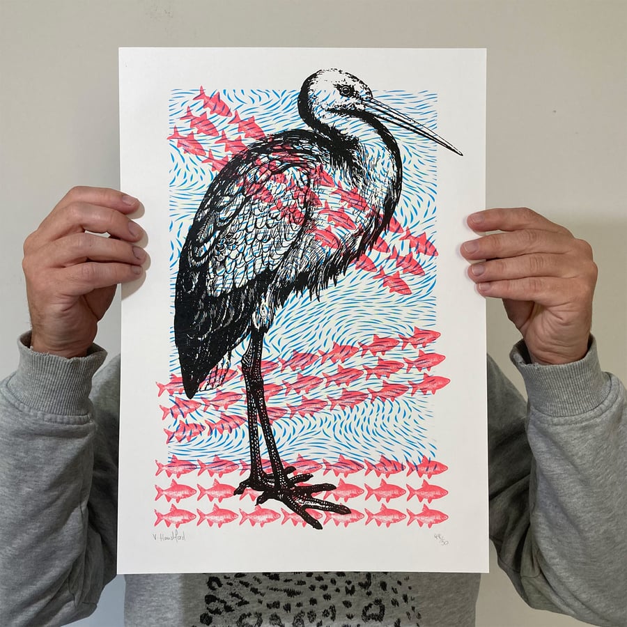 Screen Printed Poster - 'Stork By The River.'